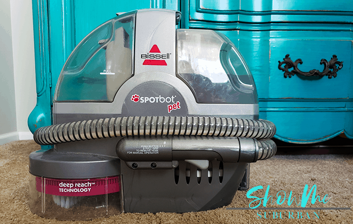 Bissell SpotBot Pet Automatic Carpet Cleaner with text overlay | This article on the Bissell SpotBot Pet carpet cleaner told me everything I need to know! A helpful, in-depth review of this automatic carpet stain remover which includes pictures and video, and tells you how to use this product! #carpetcleaner #bissell #spotbotpet