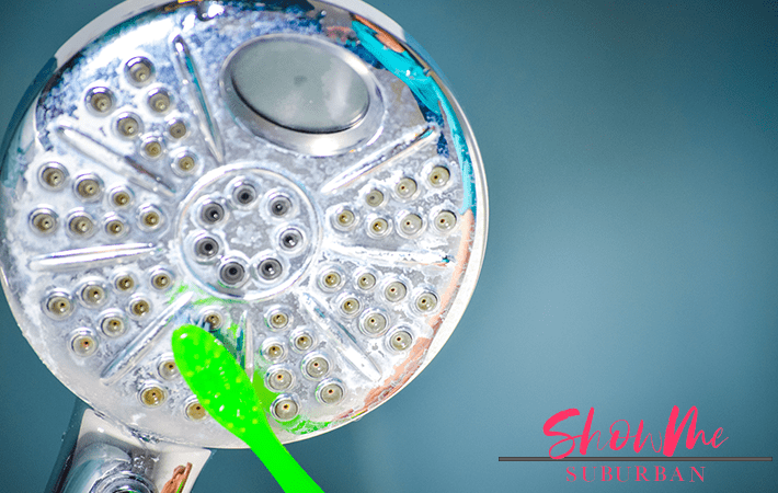 Shower head with text overlay | Gross shower head? You're not alone! Here's how to clean a dirty shower head. Easily remove bacteria, mildew, and lime scale using natural ingredients you probably already have at home! #cleaning