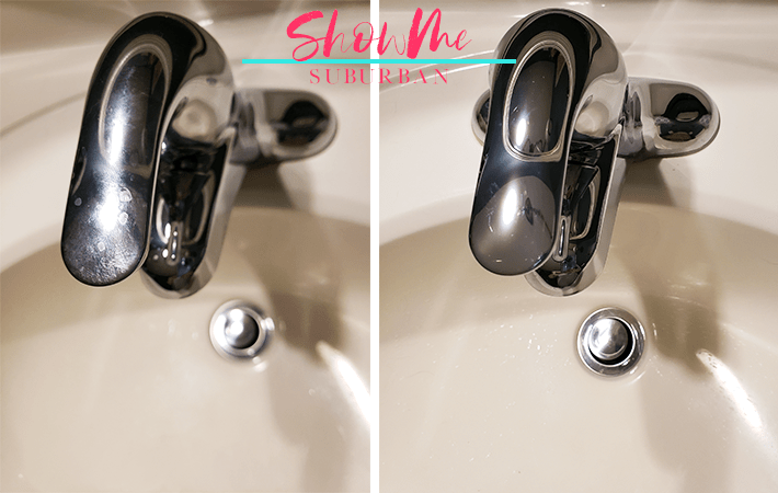 Dull bathroom sink before, shiny bathroom sink after | Wondering how to make your bathroom sink and faucet look super clean? Check out this simple professional bathroom cleaning tip to make your manmade bathroom vanity sparkle and shine! #cleaningtips #cleaninghacks