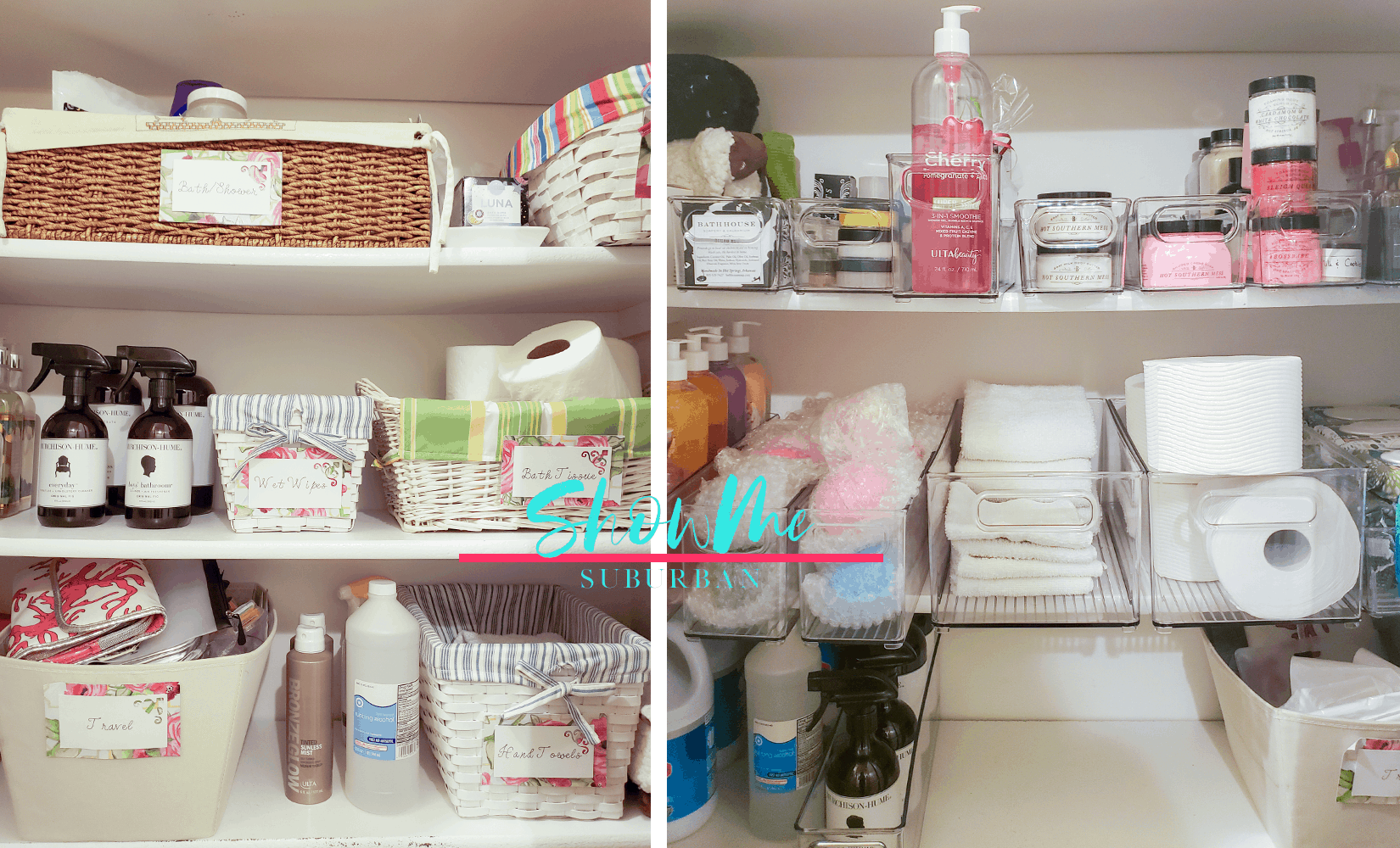 Before and after photos of linen closet organized with baskets versus clear bins