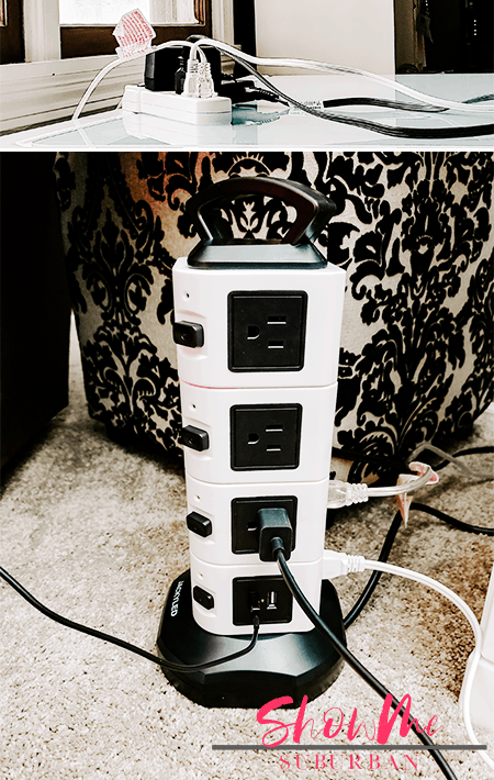 Tower power strip with text overlay | Tired of dealing with overloaded power strips and messy cords? Check out this awesome power strip alternative! It cuts down the mess, has USB ports, and even helps with cord organization! #powerstrip #homeoffice
